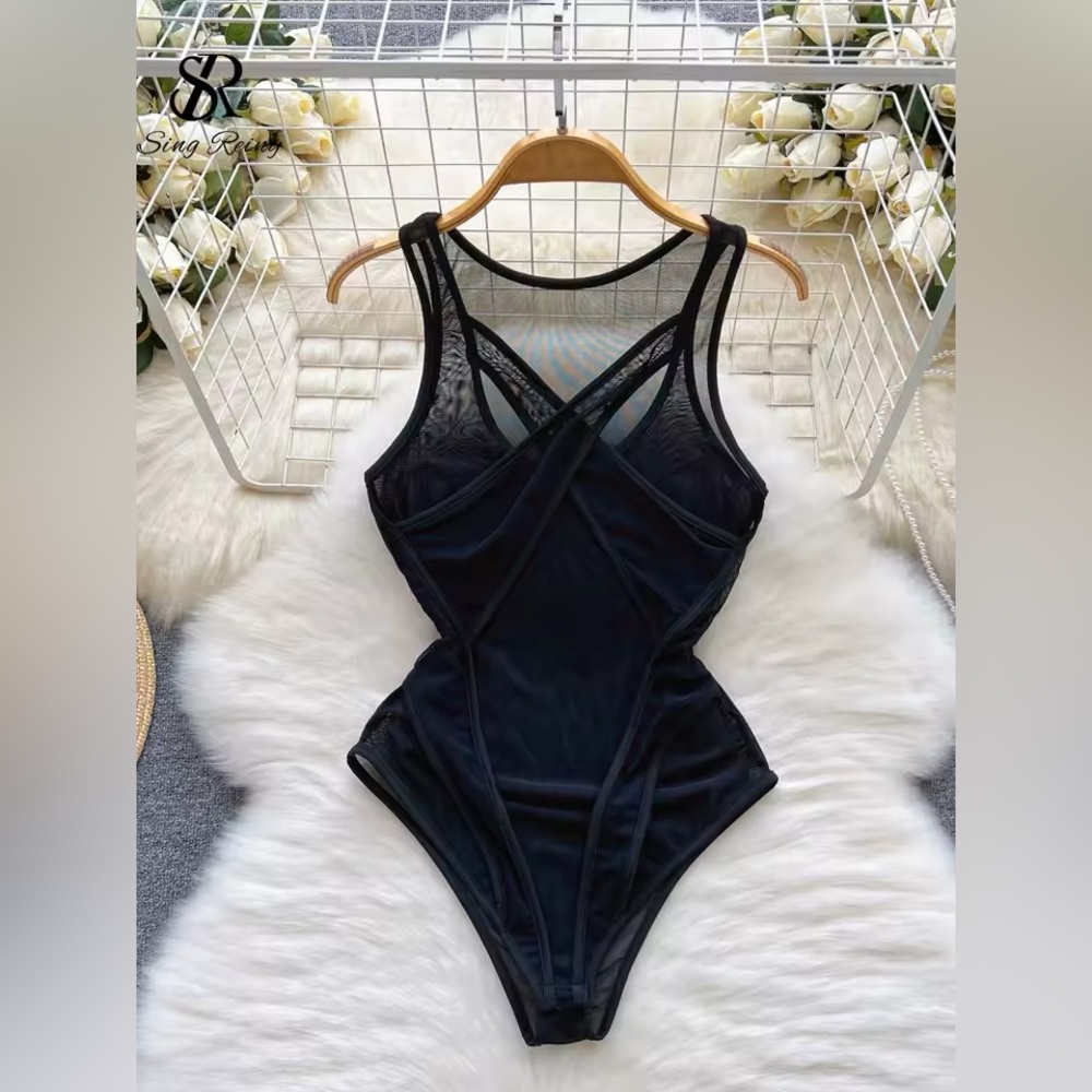 Sheer Mesh Bodysuit | Criss Cross Cutout One Piece - Picture 6 of 8